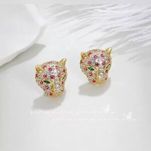 18K Gold Plated Panther Pink & White Zircon & Emerald Inlay Stud Earrings